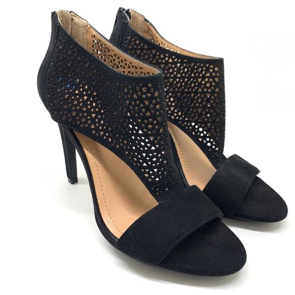 BCBGeneration Kadia Black Sz 7.5 Suede Lattice Stiletto Open Toe Zip Closure - Picture 4 of 13